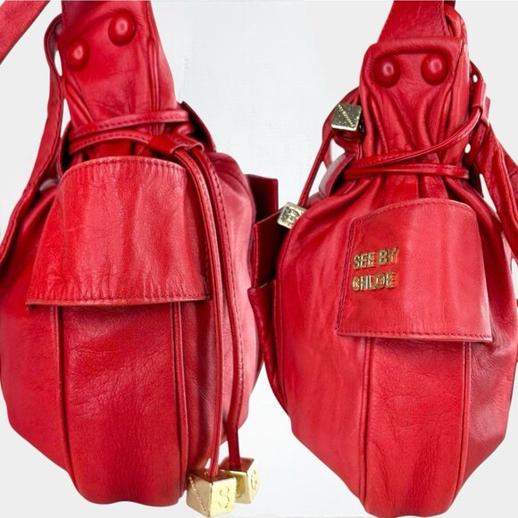 Women See by Chloé Red Leather Shoulder Bucket Bag Snakeskin Details - Picture 9 of 14